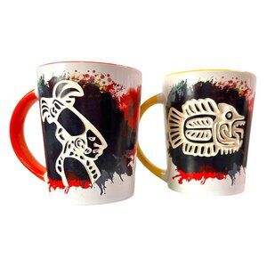 2 Cozumel Mexico Souvenir Ceramic Mugs Ancient Symbols EUC Colorful Fun Unique